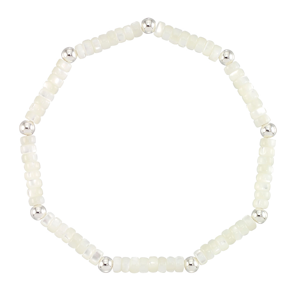 Mother of Pearl Station Metal Bead Stretch Bracelet